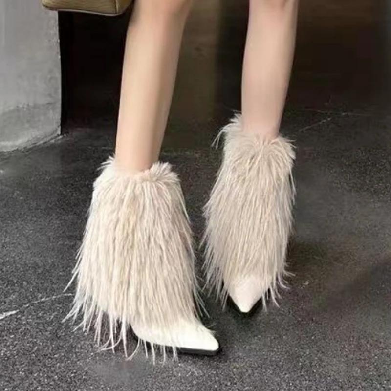 

Fashion Fur Women s Ankle Boots High Heels Elegant Pointed Toe Shoes Winter 2025 Fad Chelsea Boots New Pumps Designer Snow Mujer Botas 39 бежевый