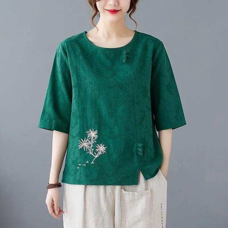 Women's Retro Linen Blend Blouse Casual Half Sleeve Round Neck Top with Floral Embroidery