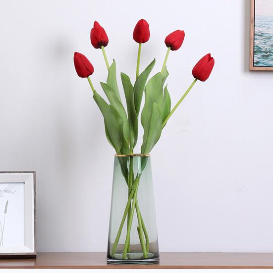 Artificial Tulip with Green Leaves Realistic Fake Flower Stem Wedding Party Table Centerpiece Indoor Outdoor Faux Bloom Decoration