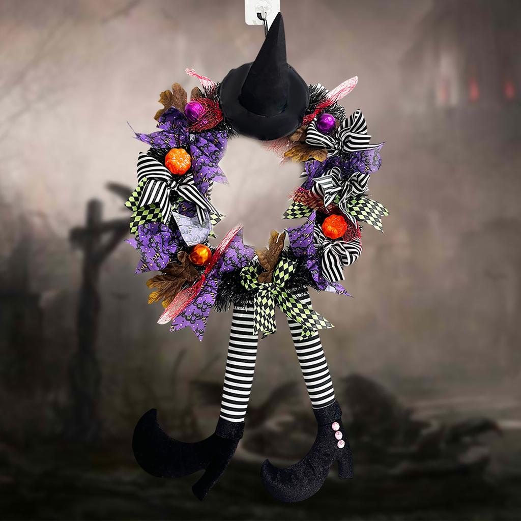 Halloween Wreath Witch Large Wicked Skeleton Legs Pendant Garland with Fake Plants for Outdoor Indoor