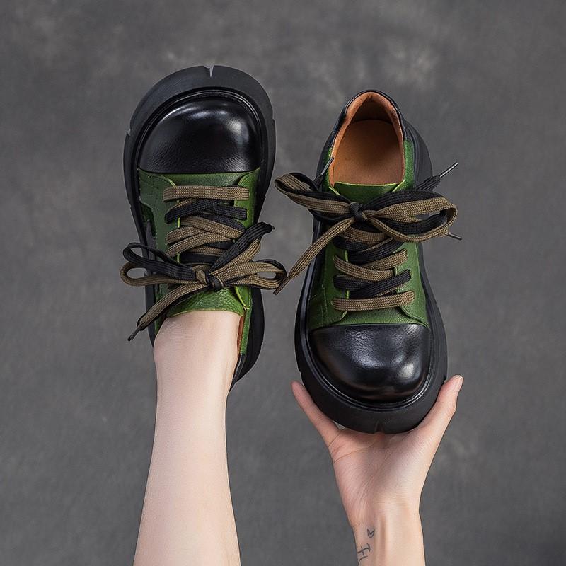 Johnature Genuine Leather Pumps Thick Soled Round Toe Mixed Colors Lace-up Fashion Versatile Women's Shoes