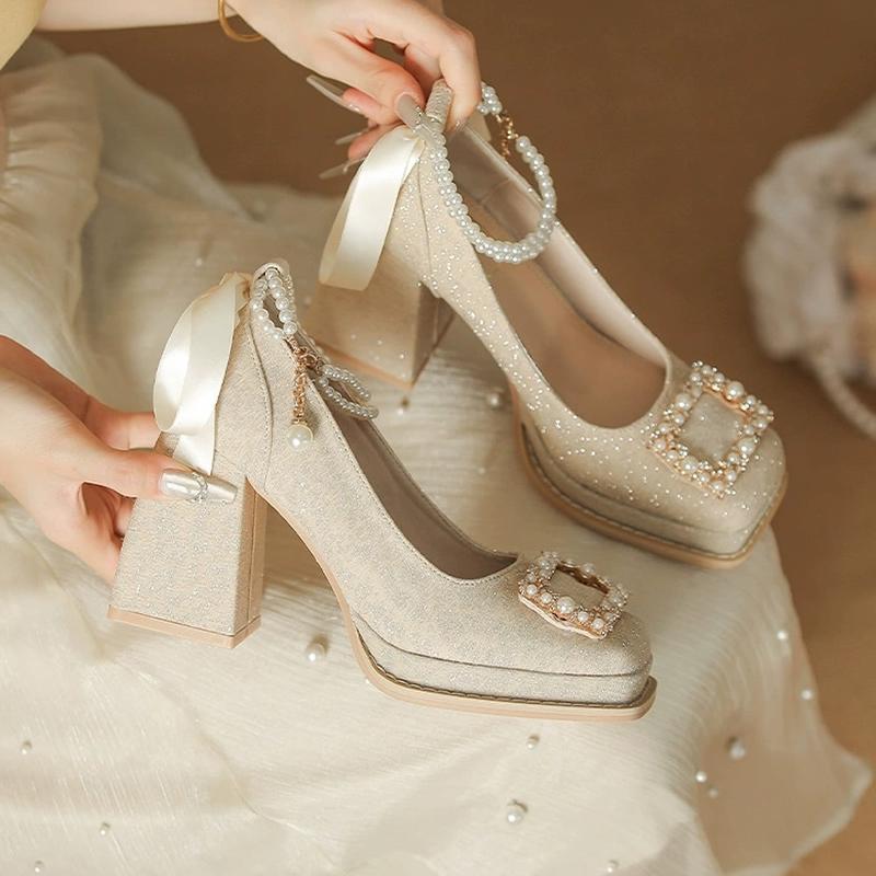 Champagne Ladies Platform High Heels 2025 Summer Female Luxurious Rhinestones Wedding Bridal Shoes Sweet Beaded Women's Pumps