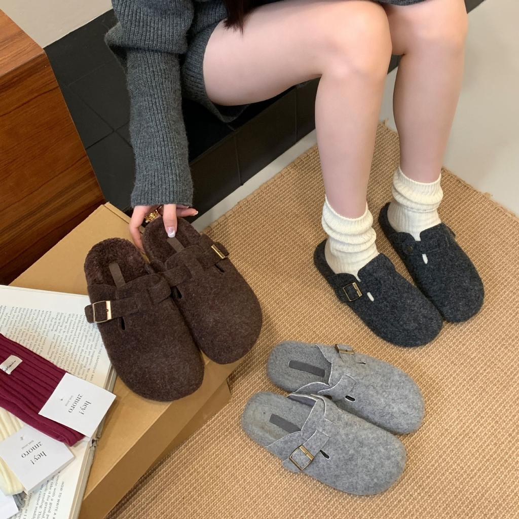 Thick-soled Birkenstock Wool Shoes 2025 Autumn and Winter Korean Version One-word Fluffy Slippers Women Wear Flat-soled Birkenstock Velvet Cotton Shoe