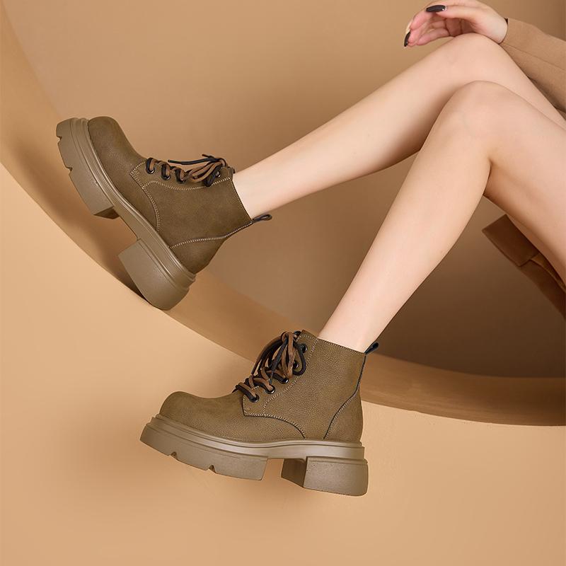 Women's Ankle Boots and Short Boots Thick-soled Casual Yellow Women Boots Plus Size Lace-up Motorcycle Boots Female