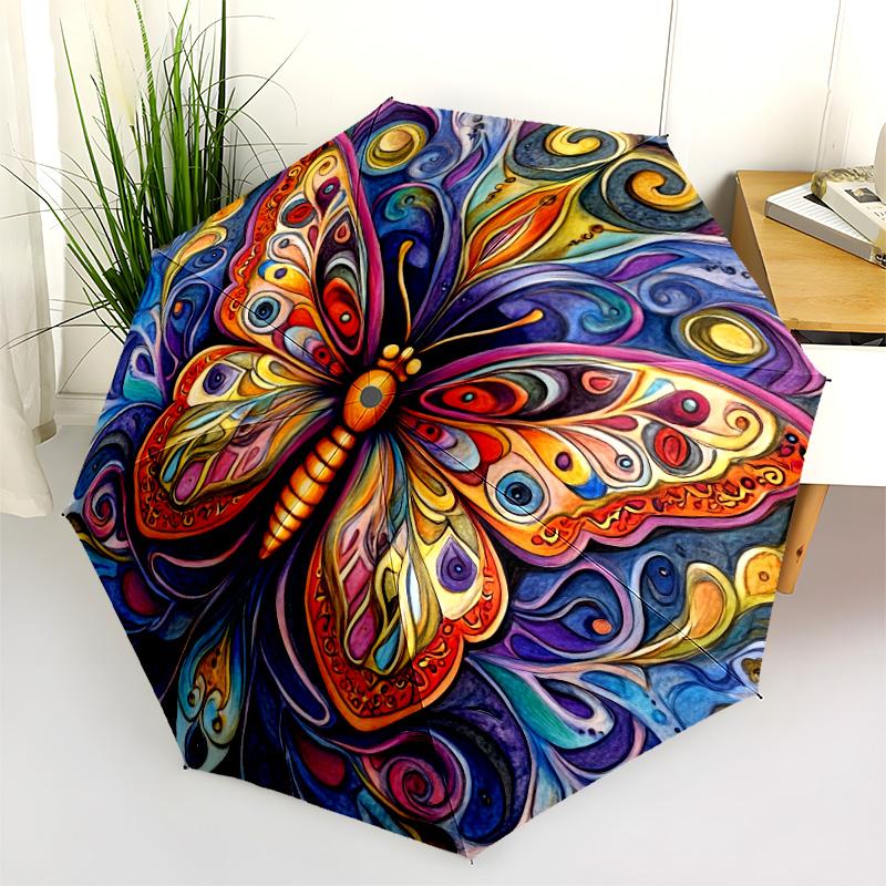 Colorful Butterfly pattern, automatic folding umbrella, portable and foldable design, 8 ribs, a Christmas or birthday gift.