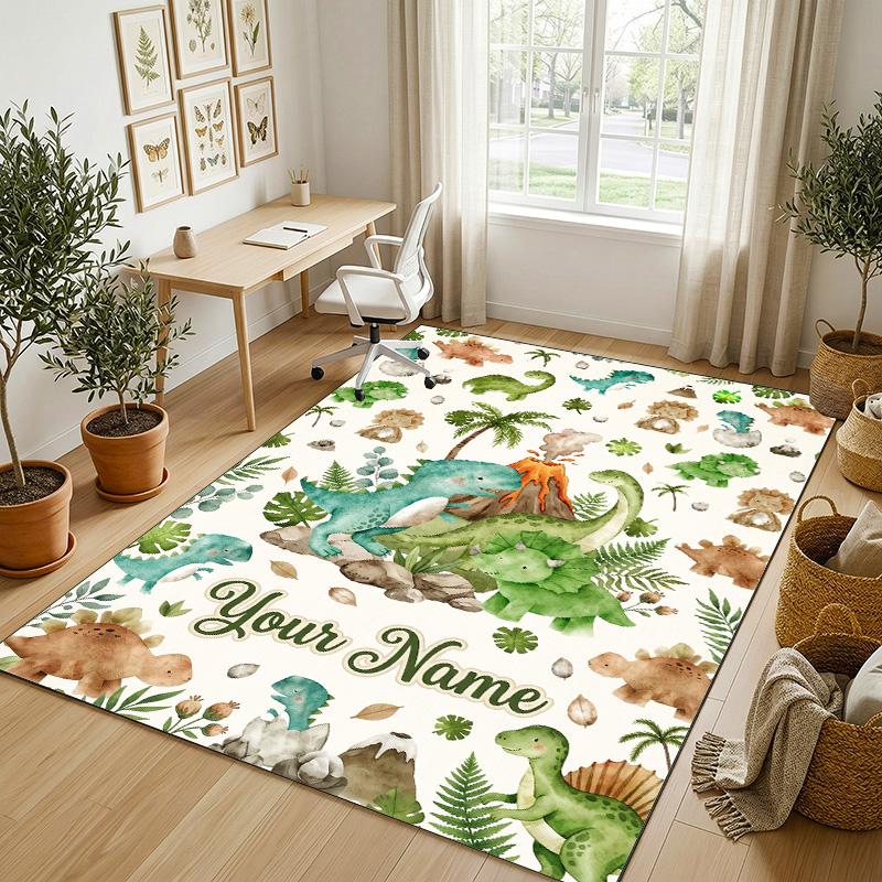 Dinosaur Theme Crystal Velvet Rug Personalized Custom Name Text Soft Floor Mat Home Decor
