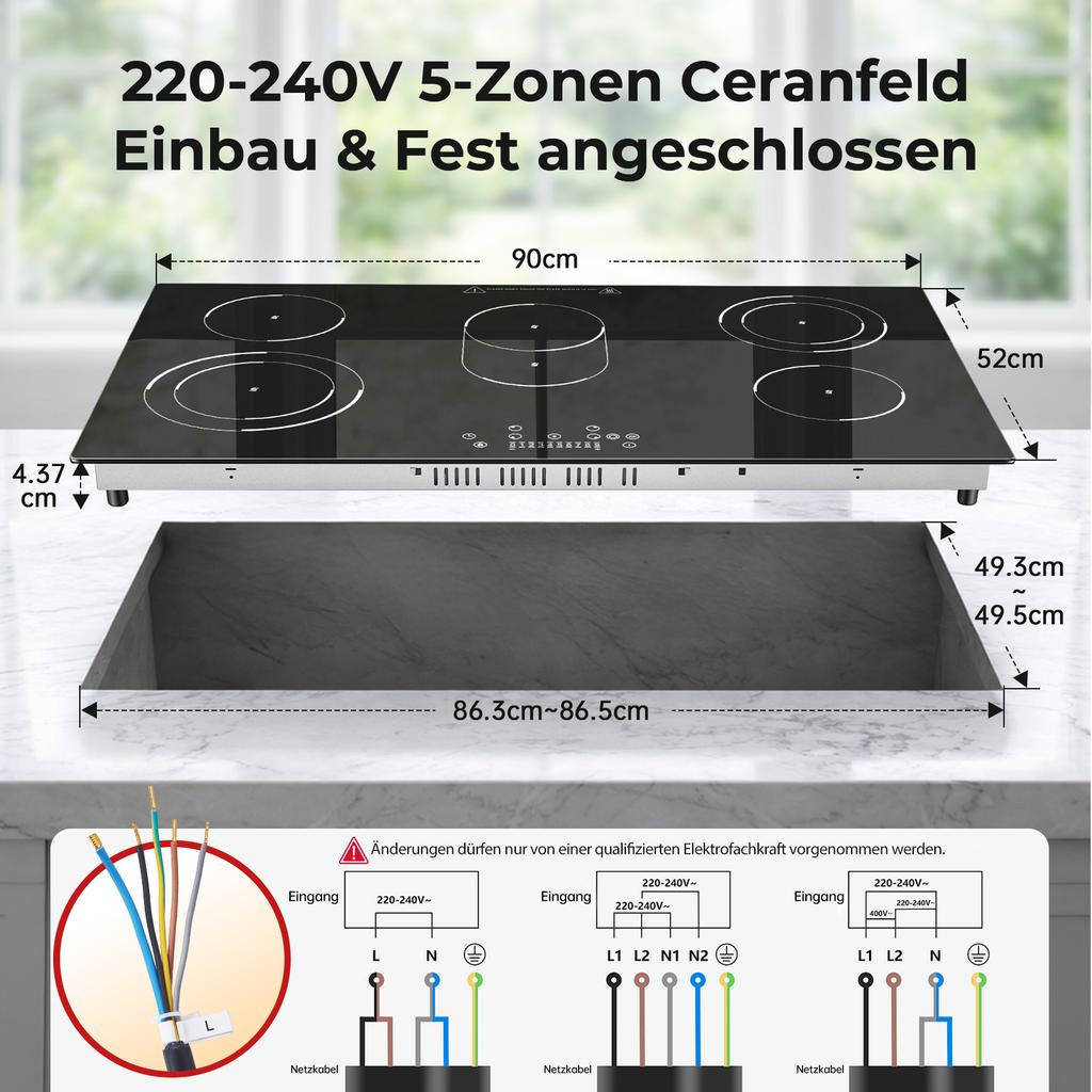 Glass Ceramic Hob, 5 Plates, 8400 W, Hob 90 Cm, with Oval Zone for Roasting Dish and Two Double Ring Zones, Touch Control