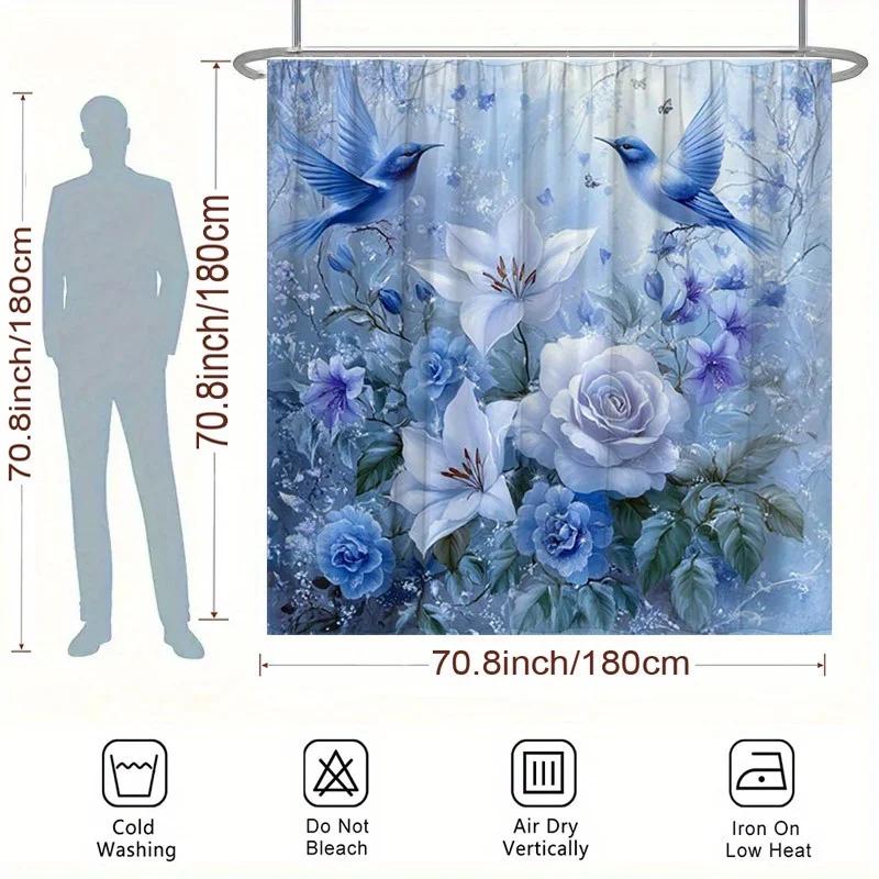 ~O~1 Stück Blaue Vögel & Lilien Duschvorhang - Vergissmeinnicht Design, Polyester, 180x180 cm, 12 Haken, Waschbar, Elegante Badezimmer-Dekoration