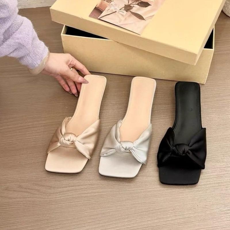 Fashion Summer New Low-heeled Slippers Square-toed Fabric Pleated Butterfly Knot Soft-soled Anti-slip and Wear-resistant Sandals