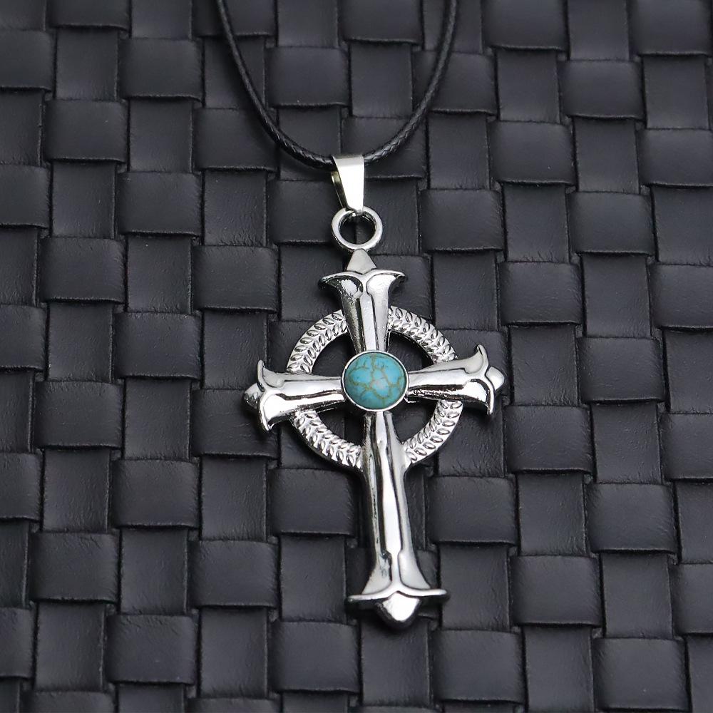 Turquoise European-Style Cross Pendant Necklace - Trendy Punk Fashion Sweater Chain Ornament