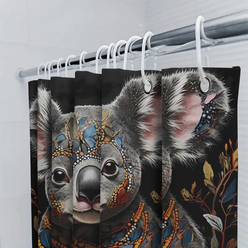 Koala Bath Curtain Animal Print Shower Curtain Fabric Home Decor Wall Hanging Bathroom Decoration With Beads Leaves Pattern For