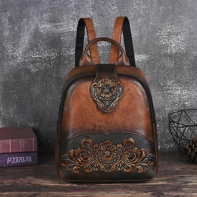 Rucsac Vintage Embosat Geantă Versatilă din Piele pentru Femei Rucsacuri de Călătorie cu Capacitate Mare