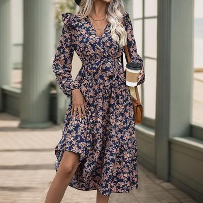 2025 New Women's Ruffled Long Sleeve Printed V-Neck Dress