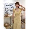 Elegant French Retro Floral Midi Dress with Ruffled Skirt and Square Neckline - Summer Vacation Wear.