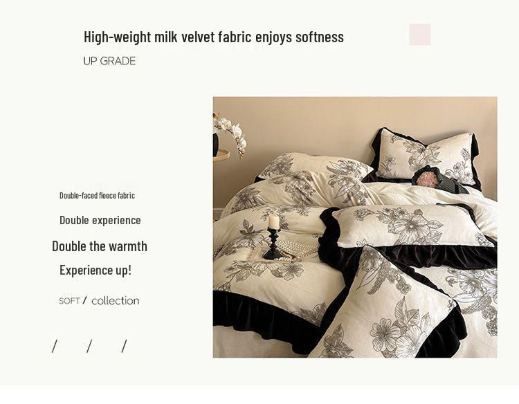 G5Z Melkfluweel & Kant Beddengoed Set: Verdikte Vierdelige Flanel & Koraalvlies, Dubbelzijdig met Dekbedovertrek.