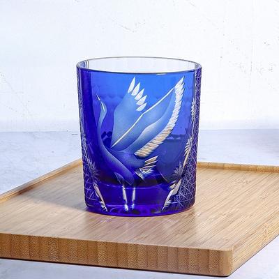 Hand Carved Pine Crane Whiskey Glass Crystal Japanese Edo Kiriko Tumbler High Value