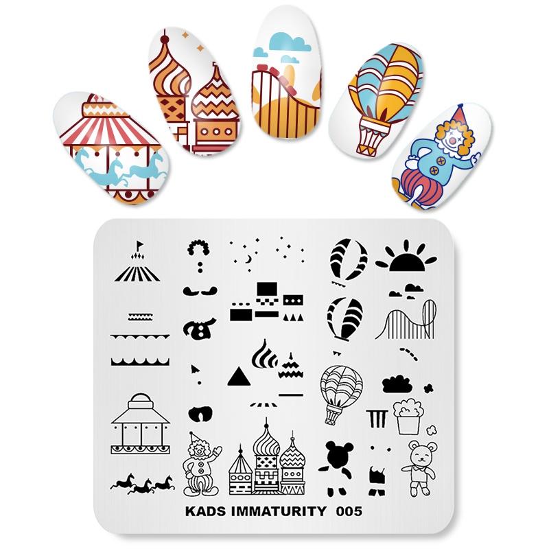 kads Immaturity 005 Nail Stamping Plates Amusement Park Element Clown Hot Air Balloon Nail Art Stamp Plate DIY Manicure Template