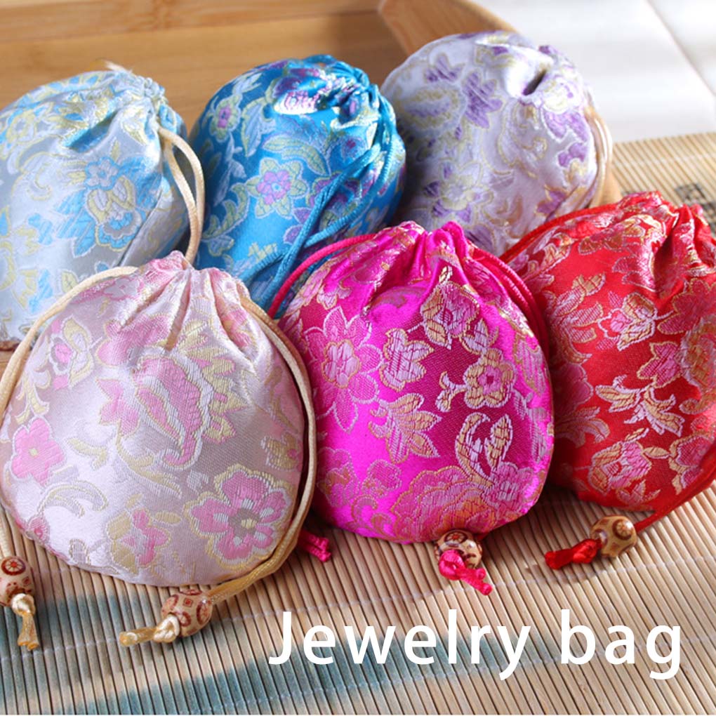 Brocade Jewelry Drawstring Bag Portable Leakproof Vintage Chinese Style Flower Pattern Storage Pouch Gift Wrapping