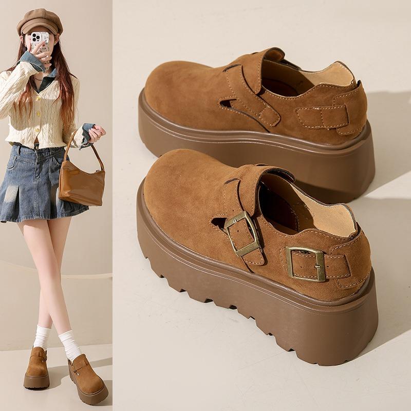 Platform-soled Borken Shoes Women's Spring and Autumn New One-pedal Retro Women's Casual Belt Buckle Single Shoes Women