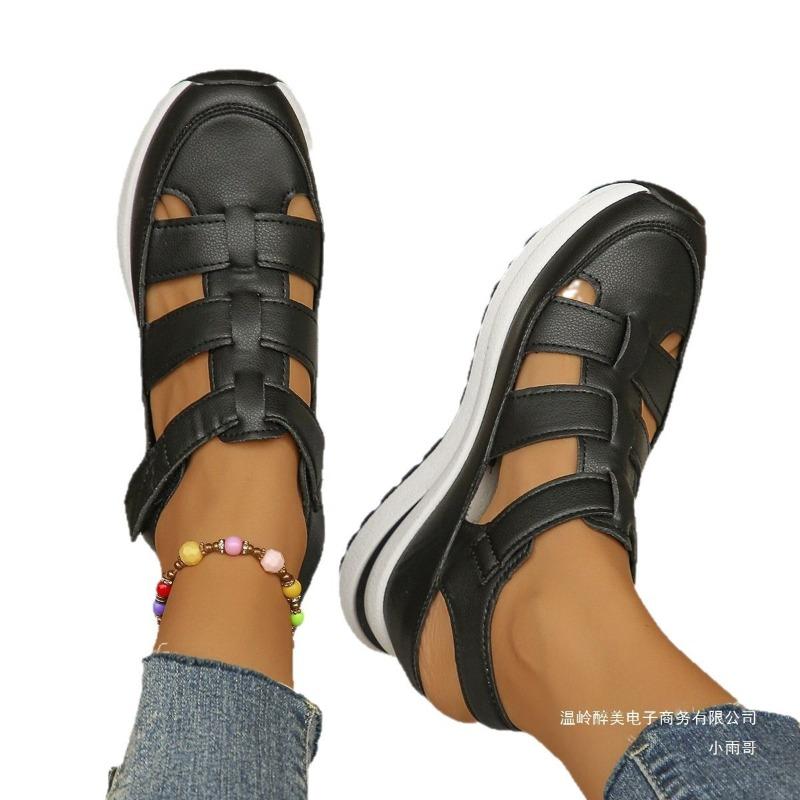 Summer Thick-soled Bag Head Sandals Women's Hollow Soft Leather Wedge Heel Velcro Beach Cool Slippers