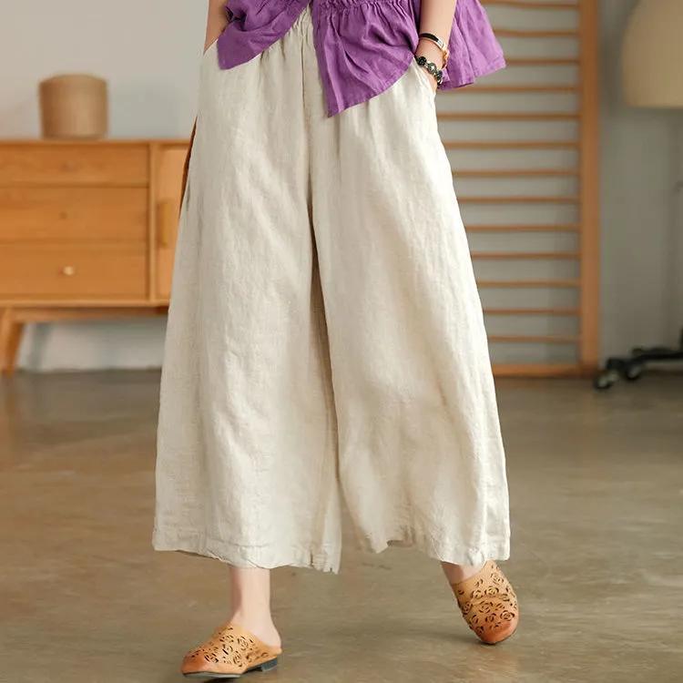 Fashion Women Loose Solid Color Casual Wide Leg Pants Cotton Linen Trousers