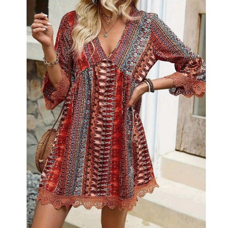 

Plus size women clothing Summer European and American New Deep V-neck Print Lace Patchwork Three-Quarter Sleeve with Sleeves Seaside Beach Skirt Brick Red L