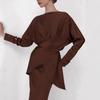 European and American Hot Style Elegant Satin Suit Women's Long Sleeve Tie Top Two-piece Skirt Set