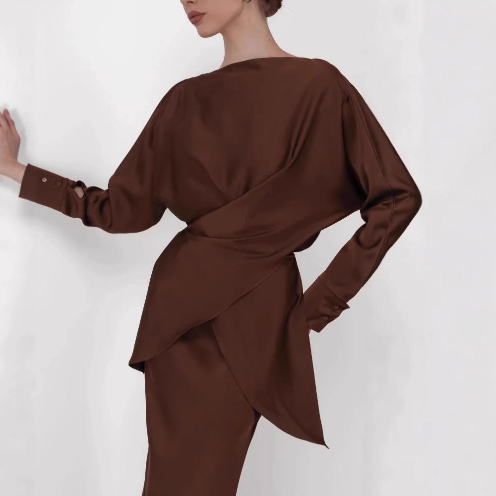 European and American Hot Style Elegant Satin Suit Women's Long Sleeve Tie Top Two-piece Skirt Set