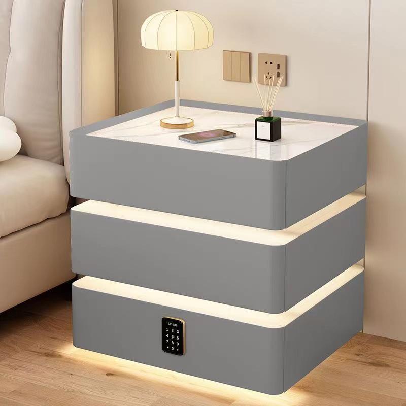 Solid Wood Floating Bedside Table with Wireless Charging & Three Drawers — Modern Light Luxury Bedroom Cabinet