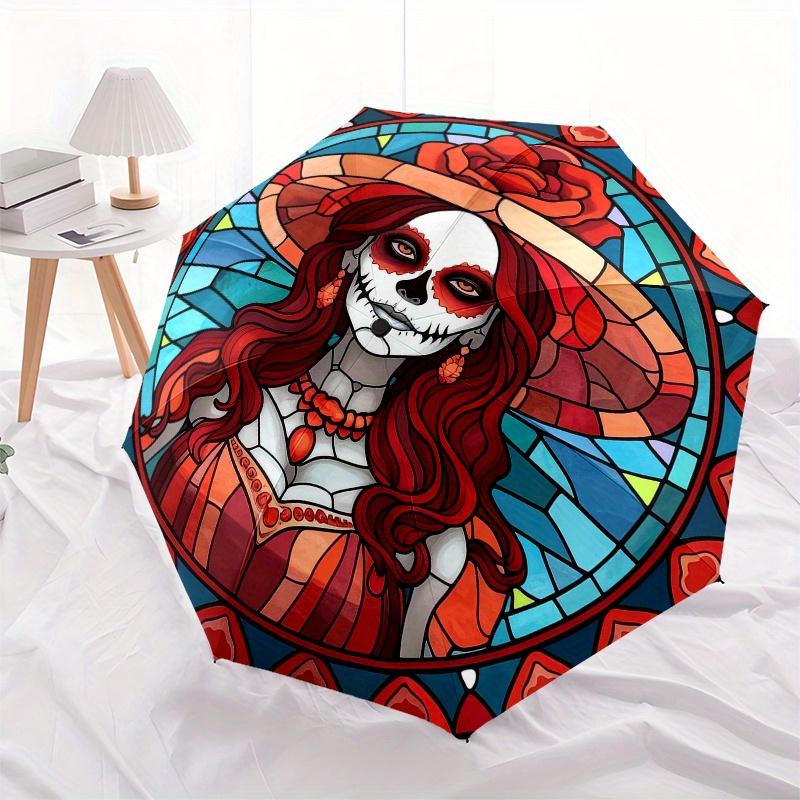 Day of the Dead Sugar Skull Stained  DecorUmbrella, Portable 3-Fold Compact Umbrella,Christmas Gift ES664