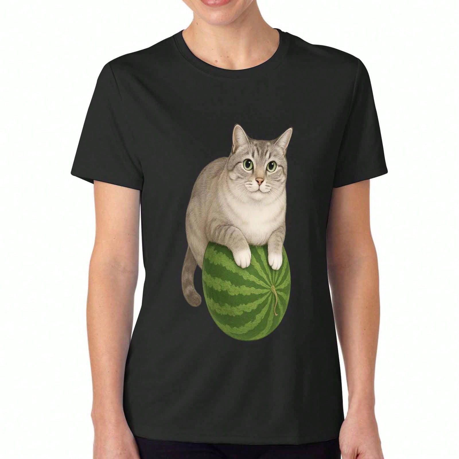 Cat And Watermelon Wounisex Cotton T Shirt, Premium Cotton Quality Print, Durable, Casual And Fashionable. Cute Cat On Watermelon Design, Funny Summer S разноцветный