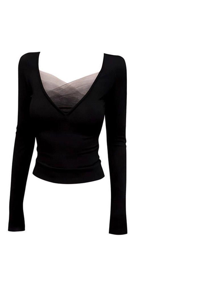 Autumn/Winter V-Neck Mesh Patchwork Long Sleeve Top for Women - Slimming Waist-Cinching Korean Design