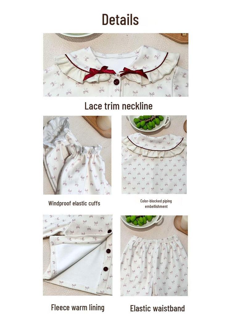 Girls' Autumn/Winter 2025 Fleece Pajama Set: Warm, Korean Style Bow Design for Small To Medium Children