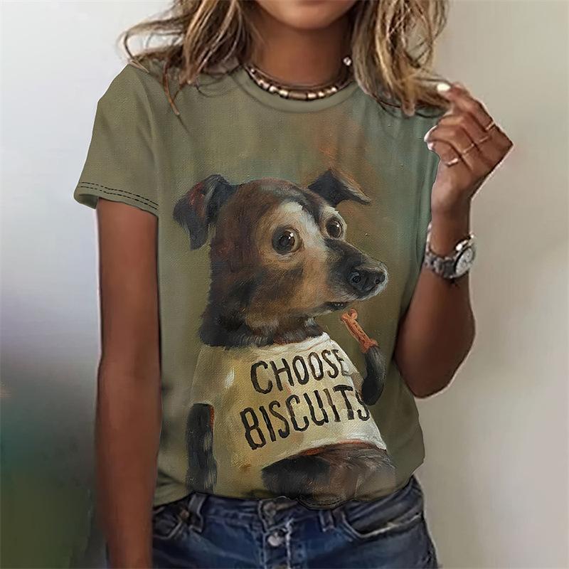 Tägliches Rundhals-Sommer-Damen-T-Shirt mit kurzen Ärmeln, 3D-Druck, kleiner Hund, lässiges T-Shirt