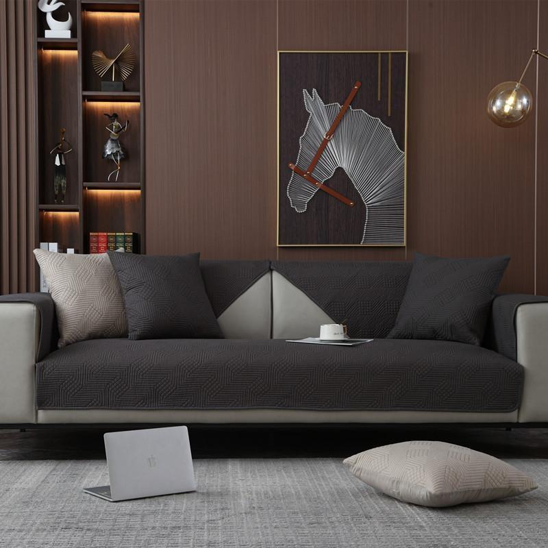 Four Seasons Washed Cotton Quilted Plaid Sofa Cushion Modern Simple Solid Color Fabric Anti-Slip Sofa Cushion Cover