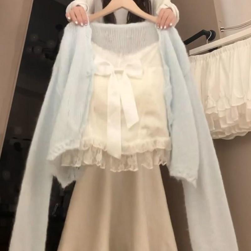 Girls Lazy Lace Spliced Knit Cardigan 3 Piece Set Contrast Bow Summer Fashion Outfit 120