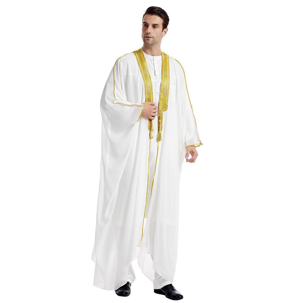 Men's Embroidered Chiffon Robe, TH834 - Long-Sleeved Arabic Tassel Design with Gold Beads
