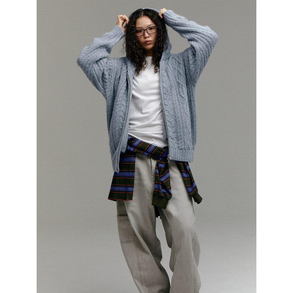 Sand Sound (Unisex) Wool Blend Cable Knit Zip-Up Hoodie Sky Blue