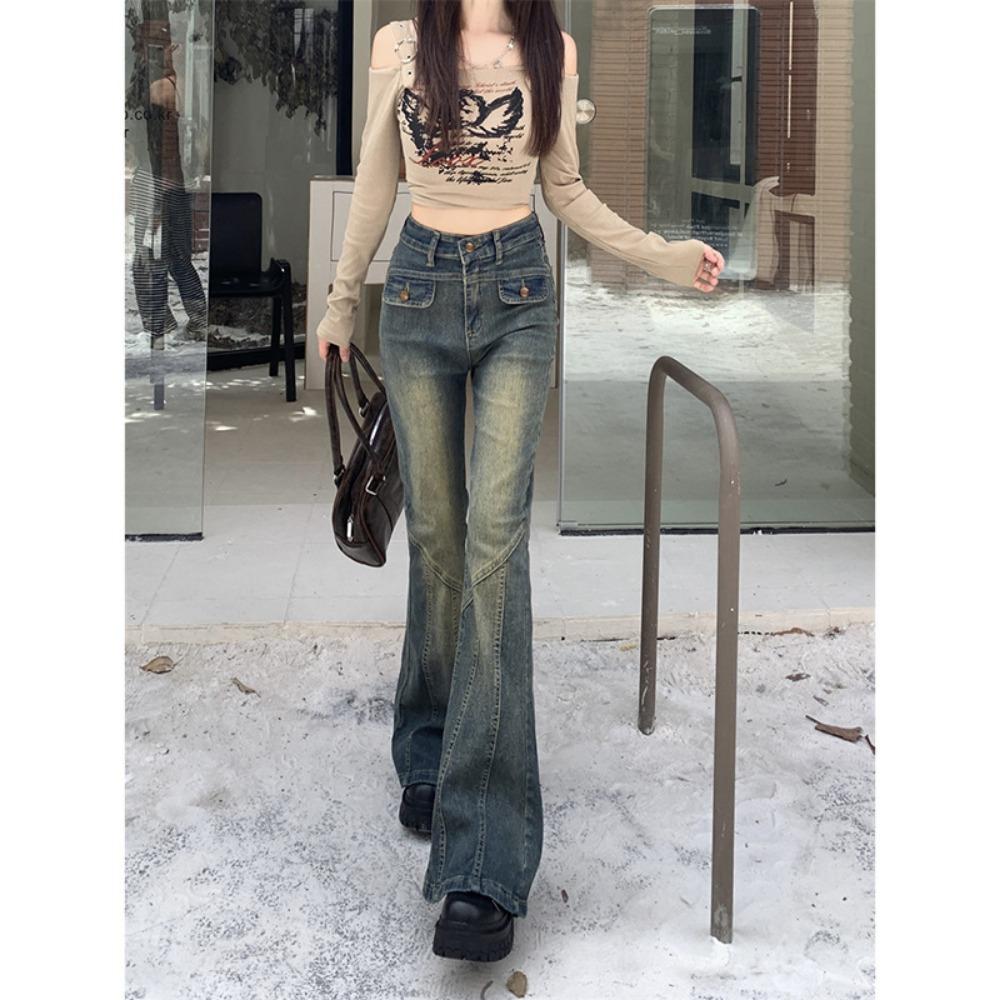 Spice girl American retro niche jeans women's autumn slim slim slim slim pants high waist wide leg pants ins