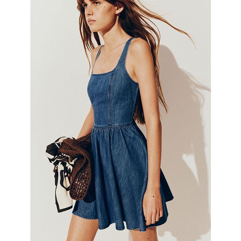 Summer New Product Women's Clothes Minimalist Square Low Collar Wide Shoulder Strap Flared Skirt Denim Dress 1283978