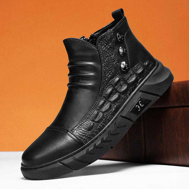 New British crocodile pattern casual high-top Martin boots pure black leather shoes 39