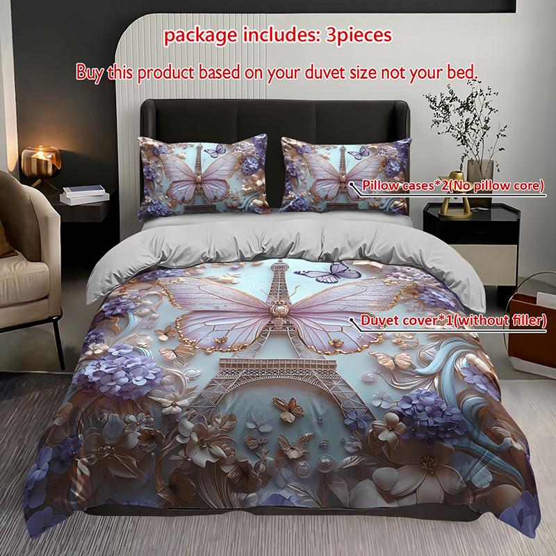 

3Pcs Parisian Eiffel Tower Butterfly Floral Bedding Duvet Cover Set Elegant Butterfly Eiffel Tower Bedding Quilt Set Luxury Duvet Cover Set&EU Single(135x200cm)