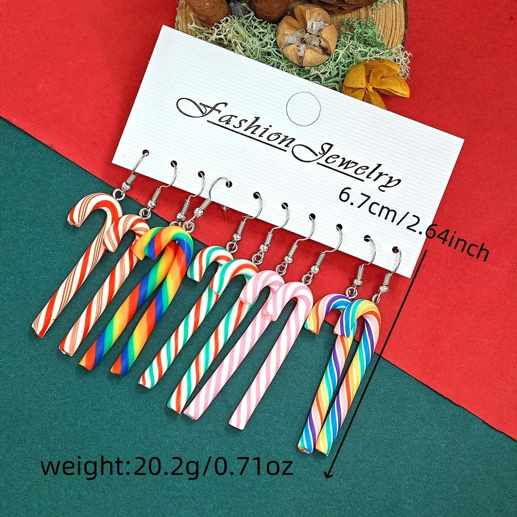 10pcs/set Cute Christmas Candy Cane Earrings Set Soft Clay Rainbow Striped Pendant Festive Holiday Lovely Women Girl Accessories