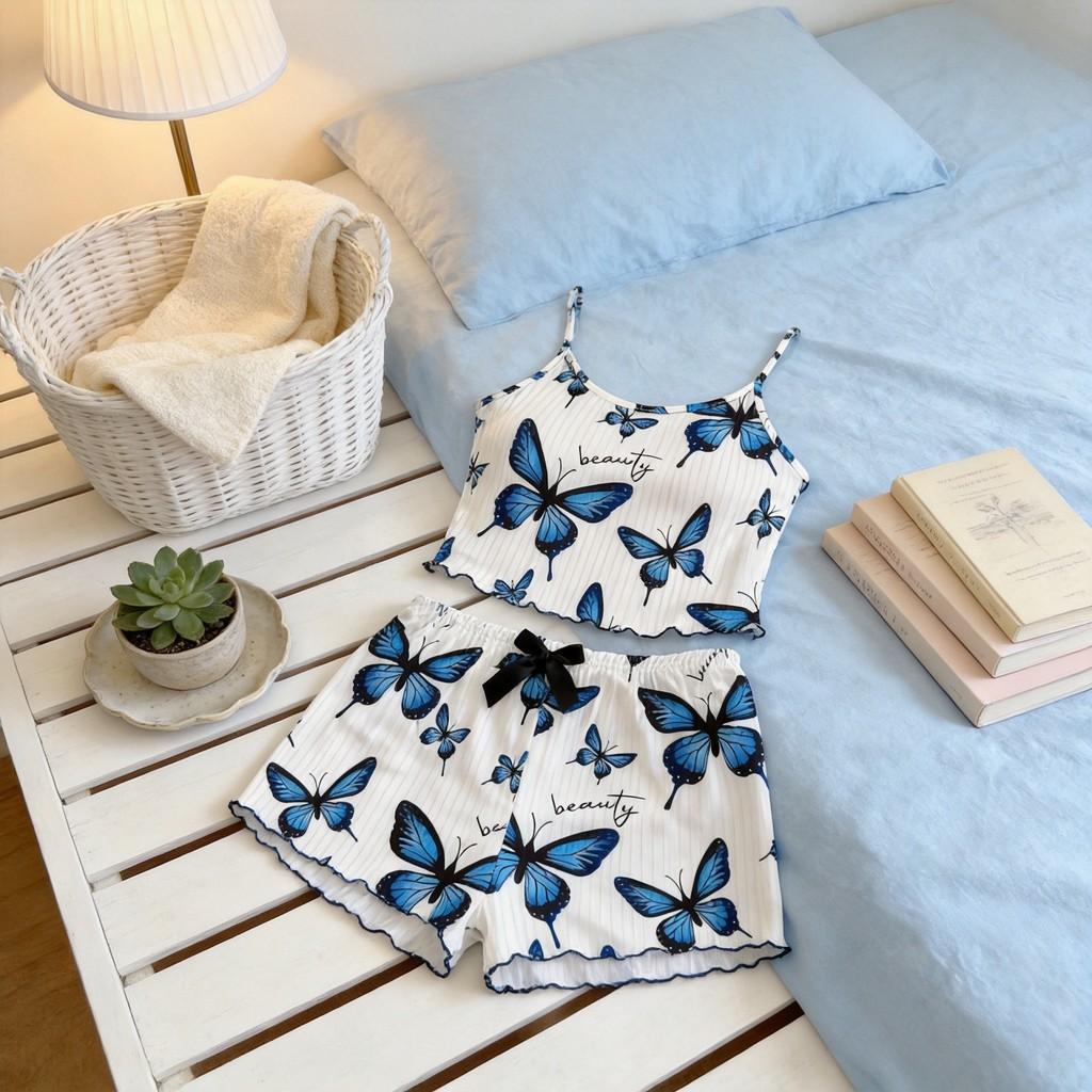 Butterfly Ladies Homewear Set With Polyester Fabric For Casual Lounge And Sleep