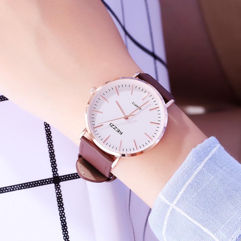 

KEZZI Ultra-Thin Quartz Watch for Couples - Minimalist Design with Leather Strap for Men and Women