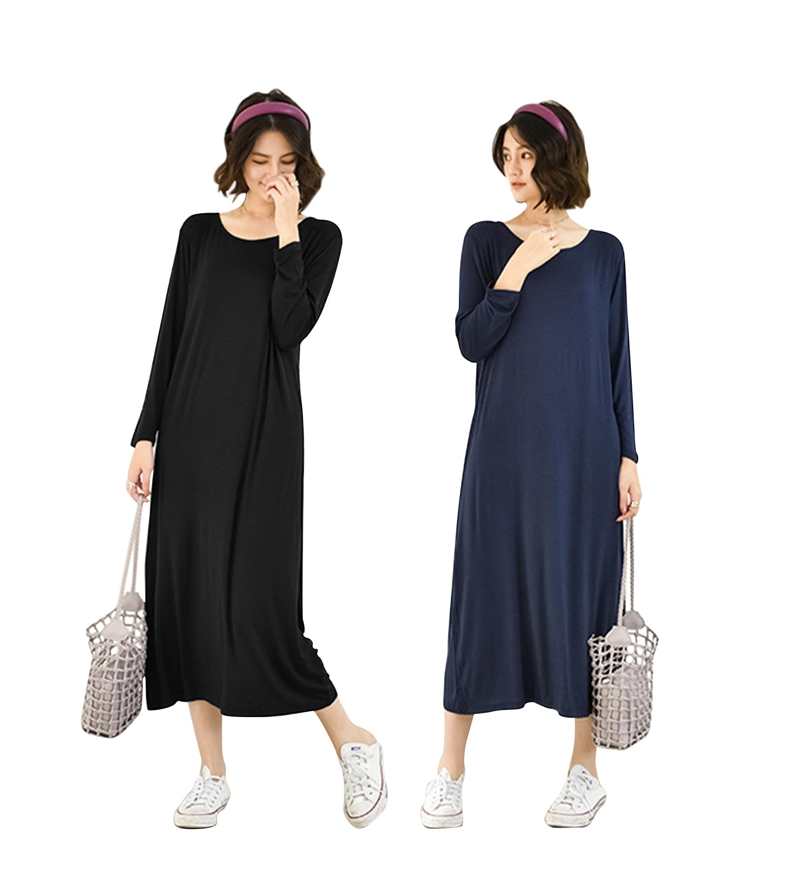 

SIPERLARI Домашняя одежда Длинный Плюс Однотонный Супер Машинная стирка Женский Комплект, Рукав, Комплект из 2 предметов, Размер, Цвет, Модал, Эластичный, (Черный + Темно-синий)