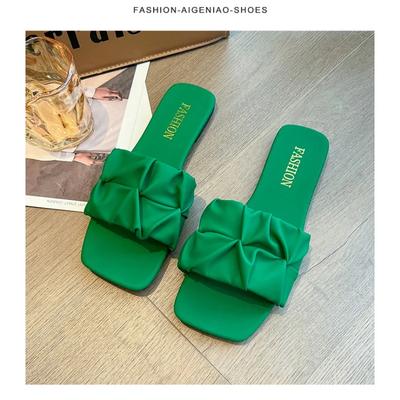 Fashion 2024 Summer Slippers for Women Flip Flops Flats New Pleated Korean Slippers Women Sandals Green Slip On Shoes Big Size 35-42
