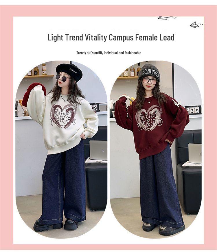 Girls' Fleece-Lined Spliced Sweatshirt: Stylish Autumn/Winter Pullover for Kids