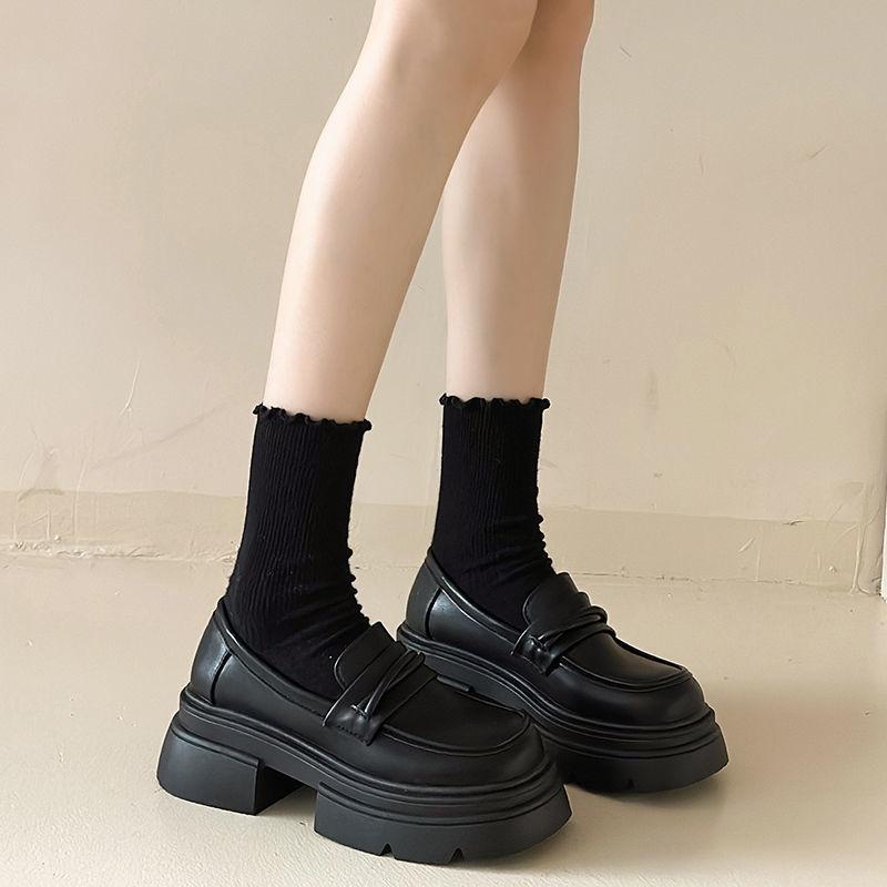 British Style Small Leather Shoes Women's 2025 New Autumn and Winter Muffin Platform Sole One Pedal Women's Shoes Black Loafers Single Shoes