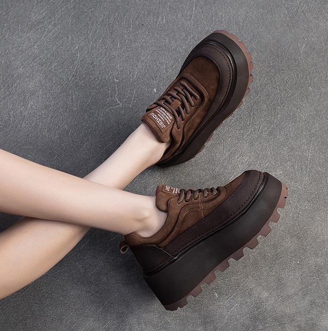 Fashion 6.5CM Women Mixed Colors Height Increasing Shoes Spring Autumn Cow Genuine Leather Round Toe Wedges Heel Platform Nop-slip Shoes